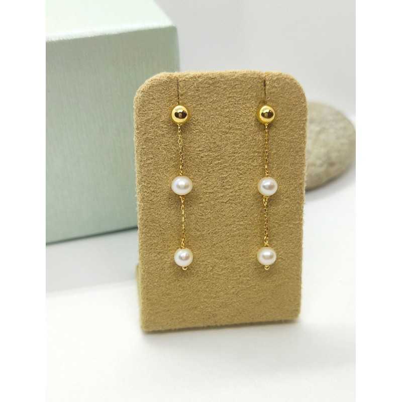Pendientes largos de cadena maciza y perlas cultivadas fabricados en Oro  Amarillo de 18kt