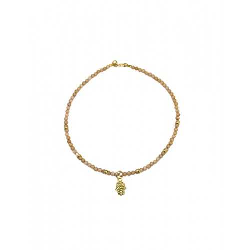 PULSERA DE ZIRCONITAS COLOR NUDE, MANO DE FÁTIMA Y DONUTS ORO AMARILLO DE 18KT