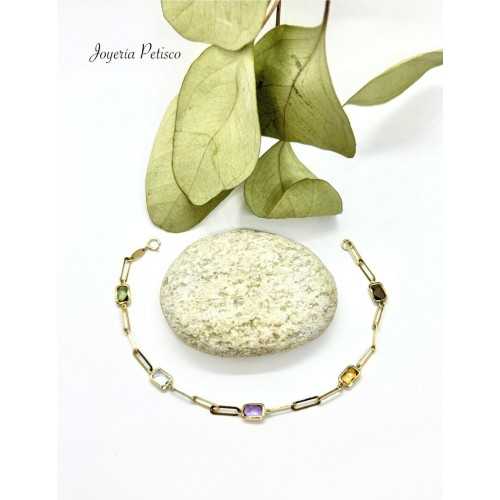 PULSERA GEMAS DE COLORES Y ESLABONES ORO 18KT